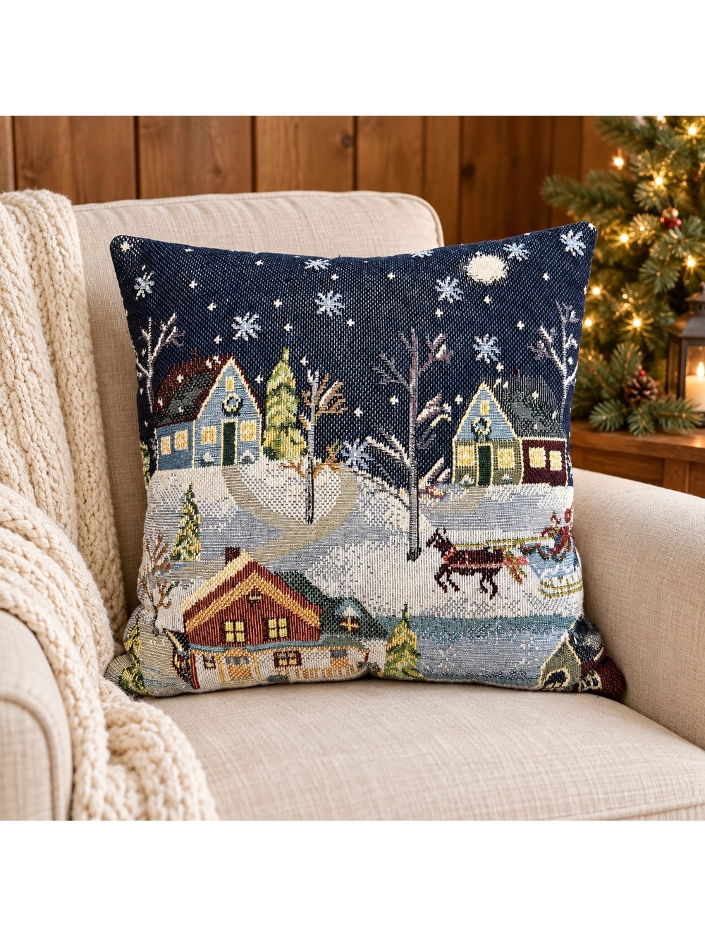 Vintage Christmas Tapestry Throw Pillow Snowy Village Horse Sleigh 15x15